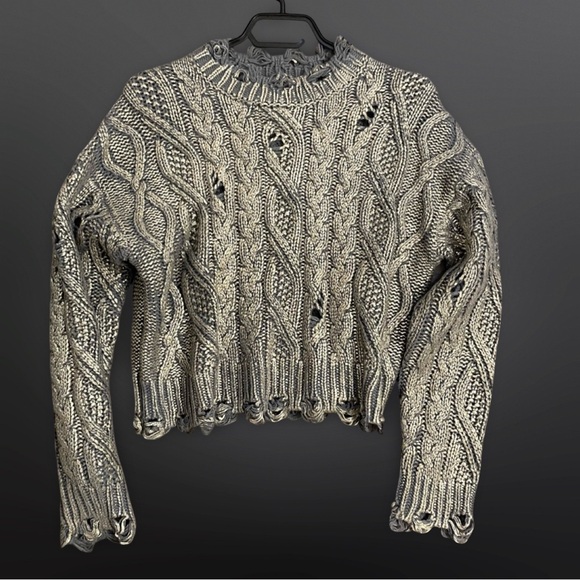ZARA | Distressed Metallic Gold Cable Knit Pullover Sweater - Picture 5 of 7